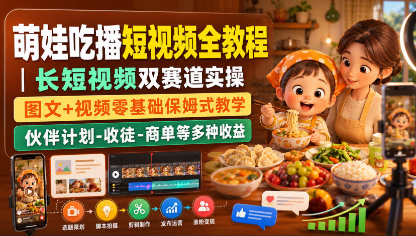 萌娃吃播短视频全教程｜长短视频双赛道实操，图文+视频零基础保姆式教学，伙伴计划-收徒-商单等多种变现方式-易工具