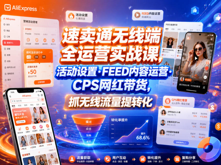 速卖通无线端全运营实战课，活动设置・FEED内容运营・CPS网红带货，抓无线流量提转化-易工具