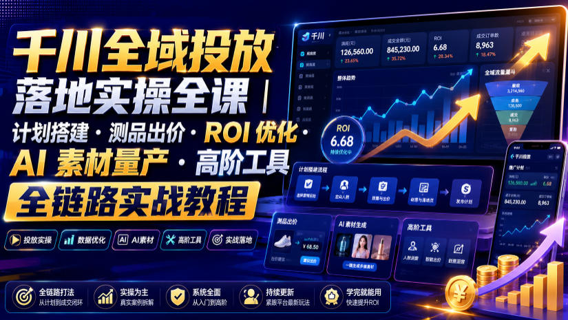 千川全域投放落地实操全课|计划搭建・测品出价・ROI优化・AI素材量产・高阶工具全链路实战教程 千川全域投放落地实操全课|计划搭建・测品出价・ROI优化・AI素材量产・高阶工具全链路实战教程