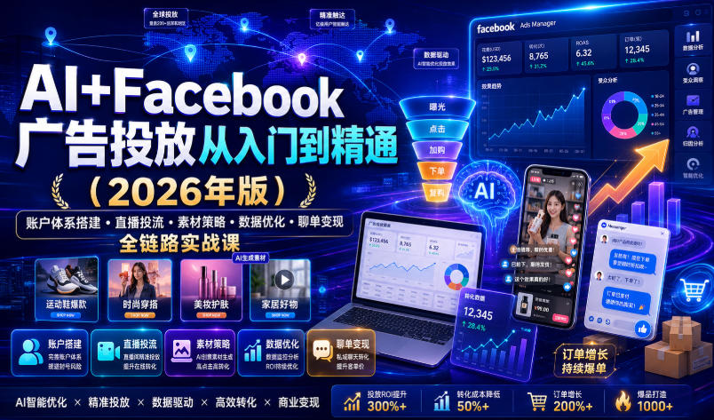 AI+Facebook广告投放从入门到精通(2026年版)|账户体系搭建・直播投流・素材策略・数据优化・聊单变现全链路实战课 AI+Facebook广告投放从入门到精通(2026年版)|账户体系搭建・直播投流・素材策略・数据优化・聊单变现全链路实战课